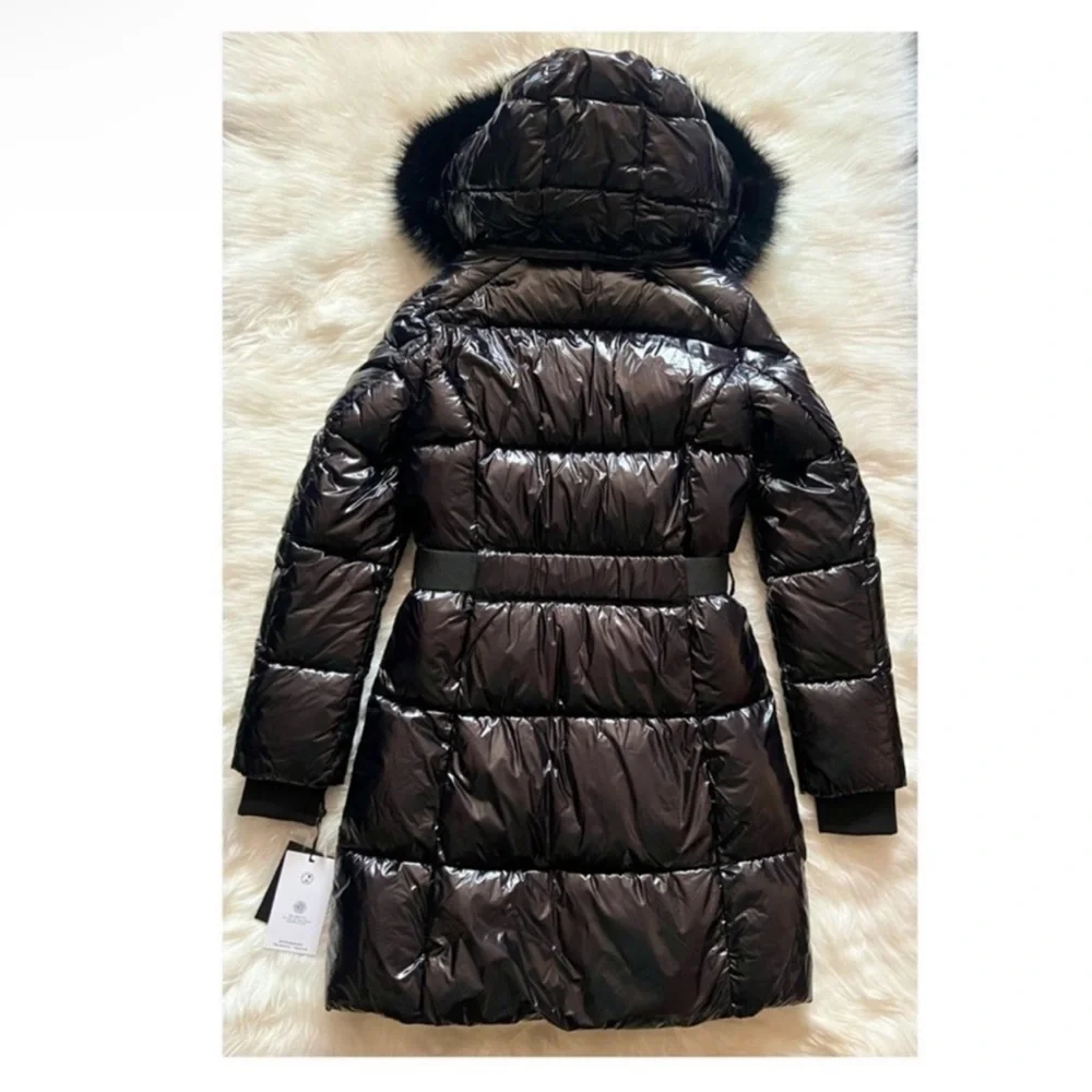 New! DKNY Black Glossy Belted Puffer Coat with Removable Faux Fur Hood - Picture 12 of 16